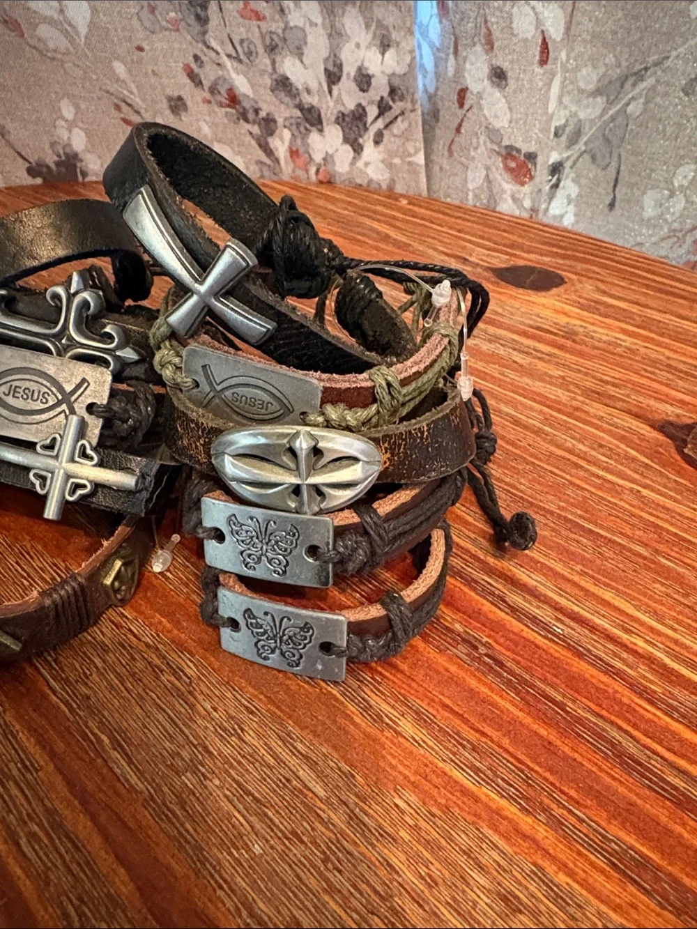 Lot of 25 women’s & men’s Black and Brown Leather Cross & Plate Bracelets - NEW